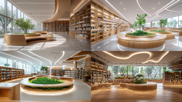 图书馆，大空间，对称布局，室内，现代简约风，浅木纹，木质家具，s形波浪书桌，书桌中间圆形镂空绿植分隔，自然采光，明亮，顶面灯光，落地玻璃，广角镜头，细节拉满，素色，宁静，16k照片级.