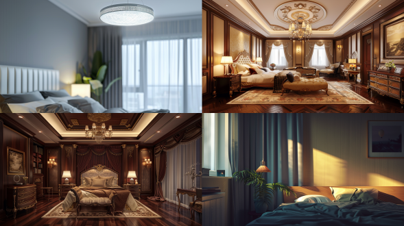 一个卧室，3d效果图，室内设计，长焦镜头，自然光，无主灯设计，吊灯点光源，鲜艳明亮，顶面简约吊灯，轻奢家具，现代轻奢风，16k，