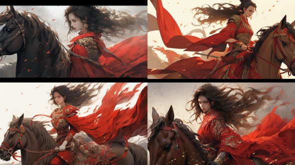 女侠客，红色的上衣，中国风，骑着红色的马，腰间的佩剑，飘带，如动漫画江湖之不良人的女帝形象，英姿飒爽，超精细纹理，redshift渲染，紧张动感。