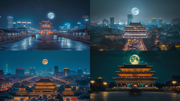 西安大唐不夜城，国风建筑，夜景，天空的巨大月亮，古建筑，气魄宏伟，超广角，川流不息的马车，宁静，祥和，繁华的景象，16k，