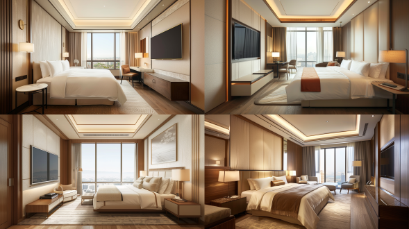 酒店标准间，框架背景墙电视，墙面浅米色壁布，胡桃木色木地板，局部地毯，落地窗户，顶面无主灯设计，叠级吊顶，现代轻奢家具，广角镜头，自然光，明亮，细节处理，16k，高品质。