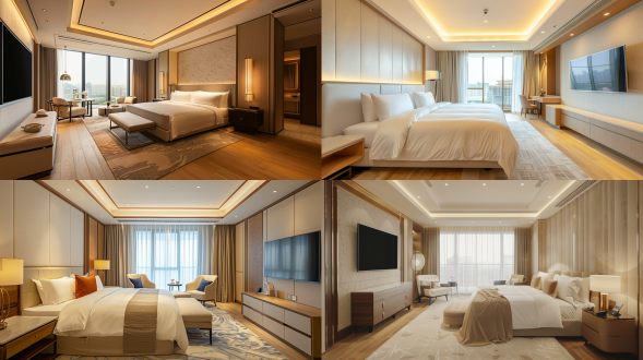 酒店豪华大床房，电视背景墙，墙面浅米色壁布，木地板，局部地毯，落地窗户，顶面无主灯，双眼皮吊顶，顶面射灯，现代轻奢家具，广角镜头，对称构图，自然光，光影柔和，高级明亮，有层次，细节处理，16k，高品质。