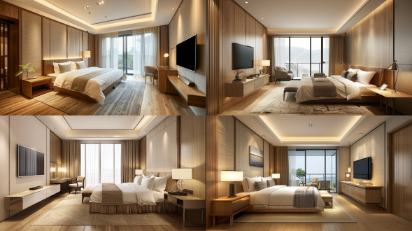 酒店双人床房，简约现代，框架电视背景墙，悬空木质书桌，墙面浅米色壁布，木地板，局部地毯，落地窗户，顶面无主灯，顶面射灯，现代轻奢家具，入户广角镜头，对称构图，自然光，光影柔和，高级明亮，多层次照明，细节处理，16k，高品质。