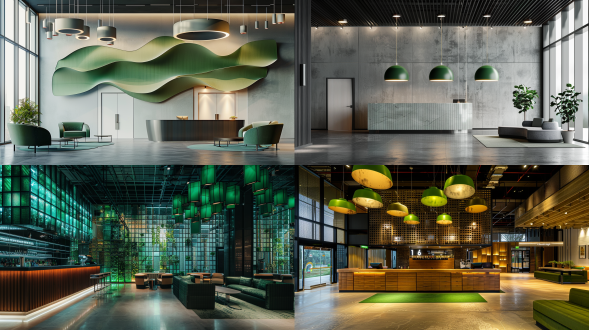 酒店大堂，简约现代，金属格栅背景墙，异形服务台，水吧区，休闲区沙发，入口旋转门，顶面艺术绿色吊灯，顶面光，筒灯点缀光源，现代轻奢家具，超广角镜头，对称构图，自然光，光影柔和，高级明亮，多层次照明，细节处理，16k，高品质。