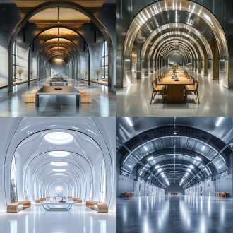 铝板厂家展厅，大空间，对称布局，室内，科技风，金属感，科幻，灯光，有茶台，木质家具，自然采光，明亮，顶面弧形灯，广角镜头，细节拉满，16k照片级