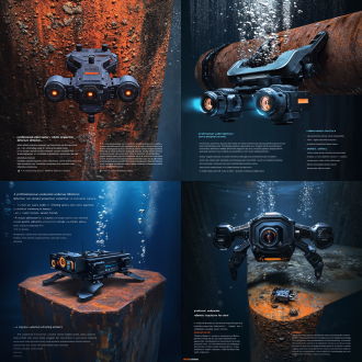 "a professional underwater robotic inspector for steel structure corrosion detection, industrial design perspective: core components: ① multi-spectral camera array (uv + visible + ir lenses) embedded in a rotating sensor turret. ② magnetic adhesion tracks with hexagonal anti-slip grooves, capable of climbing vertical steel surfaces. ③ ultrasonic self-cleaning module emitting high-frequency vibrations to remove fouling from lenses. ④ modular tool bay housing corrosion thickness gauge and sample collection grippers. structure: carbon fiber main chassis with ip68 waterproof joints. retractable stabilization fins for high-current environments. front-mounted led light bars (cold white + uv dual mode). scene: operating on a rusted steel bridge pillar underwater, scanning oxidized areas marked by orange-red corrosion spots. micro bubbles rising from thrusters, silt particles suspended in dark blue water. style: technical illustration, industrial realism, matte black and functional blue color scheme, sharp focus on mechanical details, depth of field, 8k resolution, unreal engine 5 rendering."