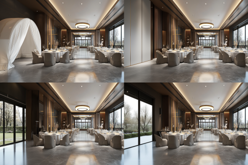 普通酒店宴会厅，对称布局，大空间，浅木纹墙面地砖地面，8张圆桌80座，暖光，现代简洁风，8k细节，度假温馨感。