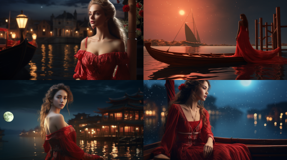 古装红色美女站在船上，近景，清晰面部轮廓，河，古典建筑，月光，简约自然，，清晰人物，插画，8k，高分辨率，高清质量