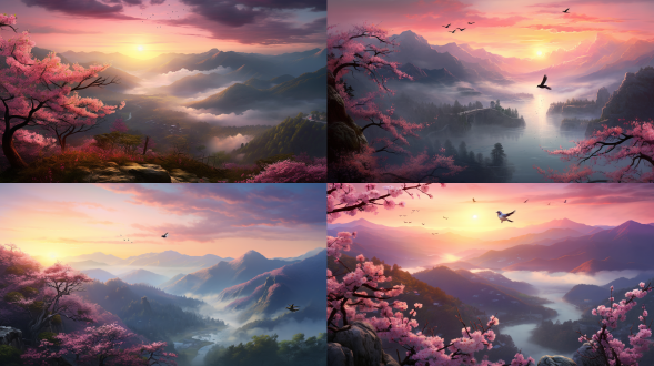 雾气缭绕的高山峡谷，桃花盛开，小溪潺潺，夕阳余晖洒满山谷，行者缓步前行，晚霞映照天际，飞鸟翱翔。广角镜头，逆光，低饱和度，自然光，宁静，远景，动态模糊，温暖色调，神秘感。