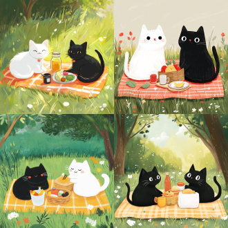 白猫黑猫野餐，草地野餐垫，手绘插画，yeoniu choi风格，简笔画卡通，鲜艳色，轻松笔触，可爱温馨治愈，简洁干净。
