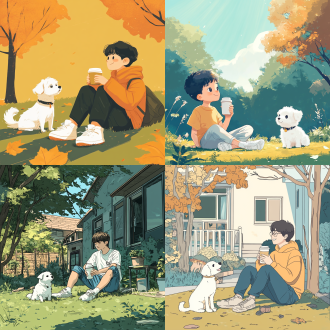 男生坐草坪喝咖啡，小白狗旁运动，对角线构图，韩国插图风，粗线条笔触，高饱和度，暖光，可爱诙谐，头像设计。