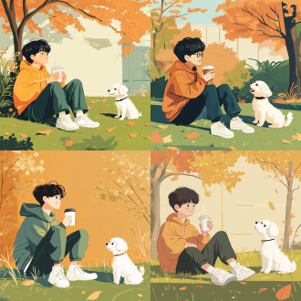 男生坐草坪喝咖啡，小白狗旁运动，对角线构图，韩国插图风，粗线条笔触，高饱和度，暖光，可爱诙谐，头像设计。