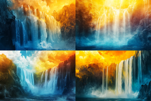 层层叠叠瀑布，元素融合艺术风，古典元素交织，天蓝与黄活力配色，水、火、土、空气和谐交融，全景镜头，侧逆光，宁静氛围。