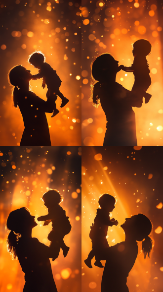 图片为唯美的轮廓图，温馨感，橙色系，温馨感光影亲子互动剪影背景 ，主体为光影前景+母亲举高孩子剪影+母亲剪影叠底背景 ，光影效果和温馨氛围感、人物动态感的表现 ，画面要有层次感，不要太杂乱 ，画面的空间关系，构图留白 ，添加光影弥散效果，比例 「9:16」