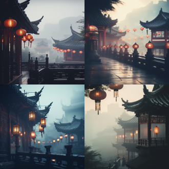 中式建筑配灯笼，云雾缭绕，层次构图，大景深，柔和暖光，治愈漫画风，梦幻宁静，长焦镜头，侧逆光。