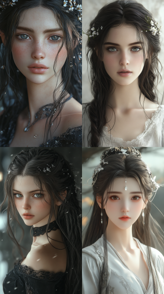 清秀而空灵的脸庞，肌肤白皙如雪，弯弯的眉毛如同淡淡的水墨画，轻柔地镶嵌在额头之上。小巧的鼻子下，是一张线条优美的嘴唇，嘴唇的颜色如同淡淡的樱花，一头如黑色绸缎般的长发，柔顺地垂落在身后，发丝间偶尔闪烁着银色的灵魂符文微光。 身高约 164 厘米，身材修长而纤细，体态轻盈优雅。她的肢体线条柔美她的肩膀窄而圆润，手臂白皙纤细，手指修长灵活