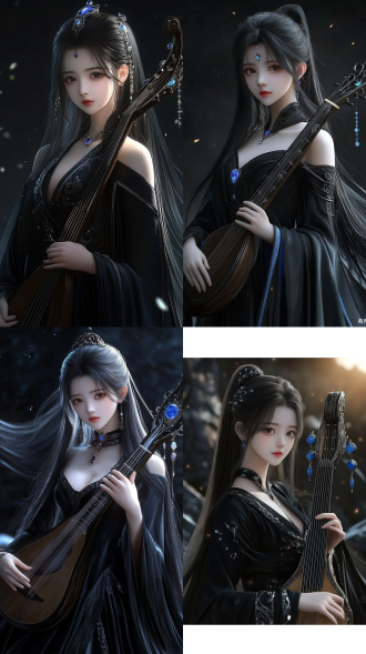 清秀黑衣法袍镶宝石少女手持竖琴，奇幻魔法环境，三分构图，8k高清，冷色调，逆光，特写，优雅，梦幻。