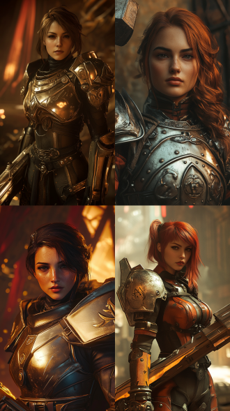 艾达穿精钢铠甲持金属战锤，三角构图，工业风环境，暖光，特写镜头，硬朗色彩，坚毅自信，力量感。