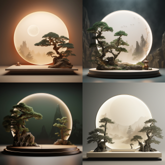 圆形平面讲台，产品展示，上面有迎客松、假山和中国古建筑，简约的中国背景墙，工作室灯光，3d，渲染，超精细