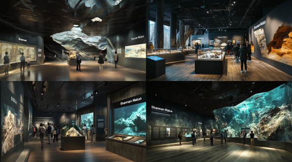 神农架古音、供游客参观的互动展品、“山南马略”南岳孔雀石岩层的信息板设计在一个深灰色金属天花板和墙壁的展厅内，展示着各种与古老岩石和现代科学探索相关的图片。地板由木板铺成，上面装饰着植物或石头等自然元素。还有一些文字在不同的高度展示。一群参观者站在那里环顾着这些视觉和文字的方式