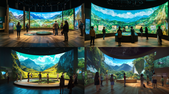 一个很大的圆形空间内，正面展示着是一幅青绿山水画卷、两边实体山、供游客参观的互动展品、地板由木板铺成。还有一些文字在不同的高度展示。一群参观者站在那里环顾着这些视觉和文字的方式