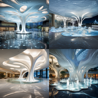 "grand circular atrium with fluid pearl river delta curves, minimalist white marble walls embedded with lingnan woodcarving patterns, colossal curved led screen displaying hong kong-macau-guangzhou cityscapes, suspended kinetic sculpture of silver sailboats in spiral formation, dragon-scale textured glass ceiling refracting blue holographic light waves, contemporary interpretation of cantonese courtyard spatial poetry, ultra-clean lines with golden metallic accents, view from ground level emphasizing soaring 30m ceiling height "