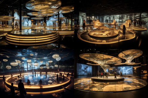 "futuristic ovoid space with double-curved glass curtain walls, traditional chaozhou gold lacquer woodcarving reimagined as 3d metal partitions, interactive floor mapping pearl river water flows, suspended hexagonal led modules forming floating islands representing gba cities, ceiling with digital cloud canopy changing from morning to night scenes, integrated display walls showing historical moments of guangdong's reforms, harmonious blend of cantonese garden rockeries and parametric design language