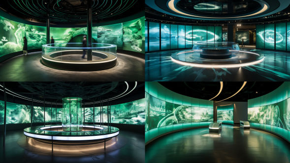 "360-degree immersive circular hall with parametric green aluminum alloy louvers, dynamic led ribbon representing maritime silk road wrapping space, central curved 8k screen showing synchronized three-city timelapse, suspended acrylic sculptures of white dolphins and egrets, floor inlay with guangdong provincial map using luminous materials, hong kong-macau architectural profiles as decorative wall reliefs, ethereal green lighting effects symbolizing innovation vitality