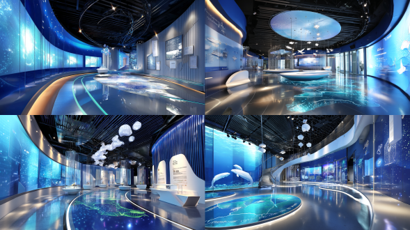 "360-degree immersive circular hall with parametric green aluminum alloy louvers, dynamic led ribbon representing maritime silk road wrapping space, central curved 8k screen showing synchronized three-city timelapse, suspended acrylic sculptures of white dolphins and egrets, floor inlay with guangdong provincial map using luminous materials, hong kong-macau architectural profiles as decorative wall reliefs, ethereal green lighting effects symbolizing innovation vitality 未来主义 机场 低角度 天蓝 抛光 拉丝金属 光粒子 新未来主义