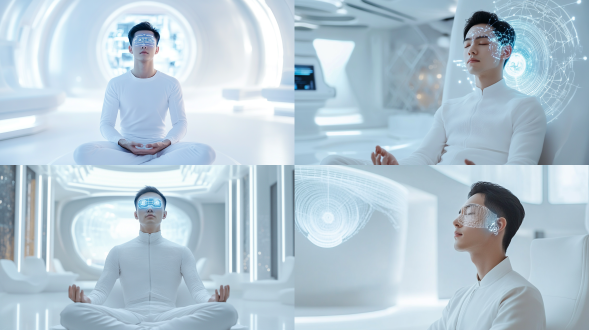 室内智能化家中，做大脑连接实验，一位中国帅气男人3d建模脸坐着，头上链接着高科技电子产品，闭着眼睛，打坐的样子，有高科技电子产品链接大脑，白色极简风主义材质室内，科技感，极简主义，未来主义风格，细节，全息屏幕，