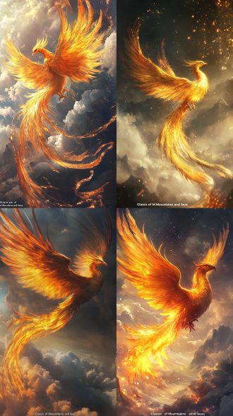苍穹之上，赤金凤凰振翅破云——五色神羽划破天际，双翼舒展掀起霞光万丈！它穿梭于翻涌的云海之间，尾羽拖曳流光如星河倾泻，一声空灵长鸣（音效：箫声+金石碰撞），霎时云雾涤荡，山河俱静。『见则天下安宁』，《山海经》的千年预言在此刻苏醒，广角镜头，神秘氛围，暖色调，侧光，动感，祥瑞。采用symbaroum风格和广角镜头, 营造一种神秘的氛围。