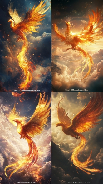 苍穹之上，赤金凤凰振翅破云——五色神羽划破天际，双翼舒展掀起霞光万丈！它穿梭于翻涌的云海之间，尾羽拖曳流光如星河倾泻，一声空灵长鸣（音效：箫声+金石碰撞），霎时云雾涤荡，山河俱静。『见则天下安宁』，《山海经》的千年预言在此刻苏醒，广角镜头，神秘氛围，暖色调，侧光，动感，祥瑞。采用symbaroum风格和广角镜头, 营造一种神秘的氛围。