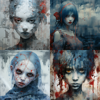 new classical oil painting style::1.2 japanese horror manga shading::0.8 desaturated palette::青灰色主调（#6b7c85）与红色水渍（#b22222）撞色 background texture::潮湿墙纸剥落痕迹+菌丝生长微观结构
