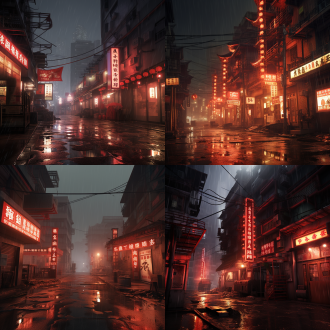 full shot::倾斜的民国风建筑群，消防梯铁锈呈现红色管状纹理 lighting::远处霓虹灯牌（状元巷7号）的漫反射光在雨幕衍射 special effect::www.rainymood.com背景音轨节拍可视化雨滴 background texture::潮湿墙纸剥落痕迹+菌丝生长微观结构