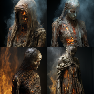 extreme close-up::渗红色水线香在铜炉香灰上灼烧出焦黑鬼脸图案 cloth texture::丝绸戏服介于实体与透明灵体间的粒子效果 secret detail::衣柜木板夹层渗透出指甲抓挠的碳化痕迹