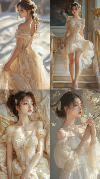 lydia xiao, taijiawanna, hsh off shoulder dress for girls, in the style of candid shots of famous figures, xiaofei yue, curves, edmund leighton, uhd image, 32k uhd, light gold and white