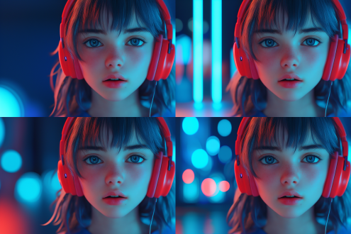 宝蓝色调，犹豫女孩戴红耳机听音乐，三分法构图，3d风格，室内，冷光，特写，沉思，忧郁。