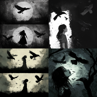 乌鸦与少女，三分法构图，写实风，哥特环境，长焦镜头，逆光，乌鸦飞，少女惊恐，暗色调，忧郁，lim heng swee风。