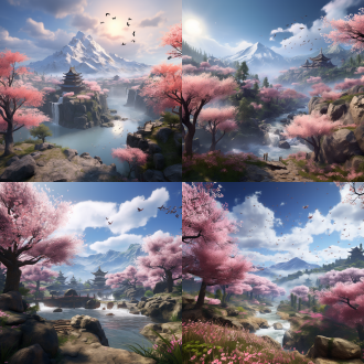 游戏里面的山水风景，开满了桃花树，白云，飞鸟，漫天花瓣，电影质感，超高清