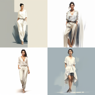美人全身服装效果图，白色为主，对角线构图，留白写意，简洁线条，长焦镜头，顶光，静态，优雅气质，冷色调。