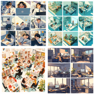 办公室场景图，卡通风格，9宫格形式