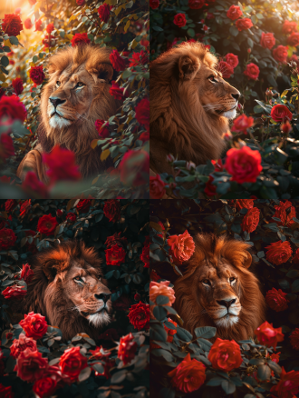 a lion surrounded by rose flowers, with a central composition, romantic style, in a garden, soft lighting, using a telephoto lens, backlighting, static, elegant, red, mysterious.