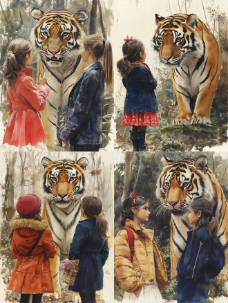 两个女孩与老虎，三分法构图，丛林环境，暖黄主调，长焦镜头，逆光，互动姿态，可爱与威严并存，惊奇氛围。 水彩儿童画