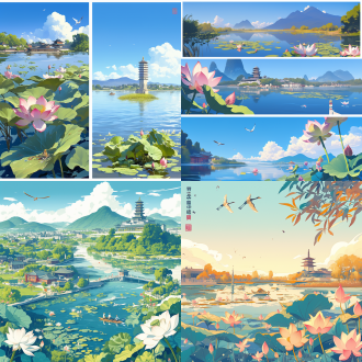 设计一个网站广告，尺寸宽为2500px，高为800px，采用中国汉寿县典型的风景名胜，以龙阳湖国家湿地公园风景为主，湖面为主，左侧是荷花，右侧有甲鱼的雕塑，远处是汉寿古城墙、龙阳书院、西洞庭文庙等建筑，动漫风格，亮调、鲜明