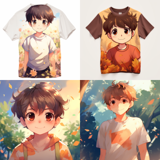 动漫小男孩肖像，圆领短袖衬衫，圆脸胖嘟嘟短发，微笑，自然背景四季变换，手绘风，正面特写，鲜艳色柔和光，欢乐纯真带忧郁，ghailan风格。