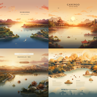 汉寿县网站广告，西洞庭湖日出背景，中景度假区与公园，前景古迹剪影，配文化符号与特产，暖色调，柔和光，2500×1000px，和谐风。