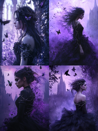 暗夜哥特少女侧身回眸，黑裙飘于紫雾，银荆棘缠臂，幽灵蝴蝶绕发，破教堂背景，乌鸦群飞，超精细，柔焦锐光，暗紫深黑配幽绿，虚幻引擎，