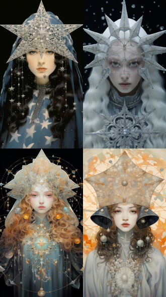 眉心嵌着微型龟甲卦象，霜色广袖缀满星砂化成的珍珠。耳后腮纹随娇笑明灭闪烁，行走时裙裾飘散出深海水母的荧光尘。当宴饮至酣处，脖颈会浮现环形冰裂痕，瞳仁分裂成重瞳状态——左眼映红尘万丈，右眼沉没着永冻的北冥渊墟。