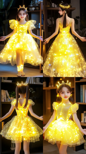 穿黄亮片公主裙女孩，双马尾戴金冠，室内书架旁双手展开，居中构图，暖光，复古风，中长焦镜头，华丽温馨。