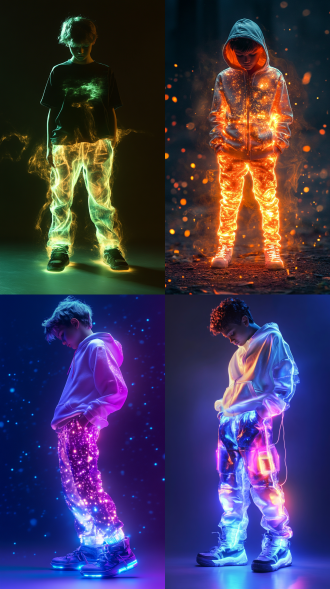 一个身穿发光衣服裤子的少年，服装有发光效果